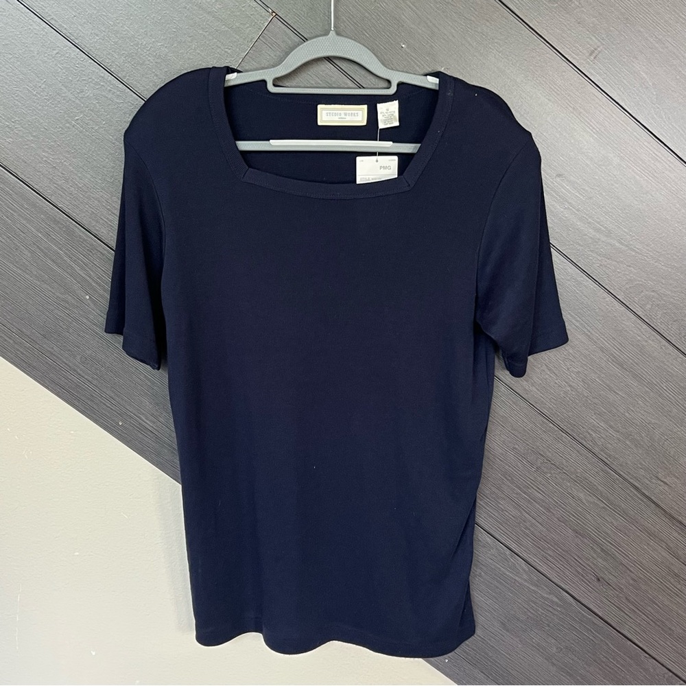 Studio Works 1X NWT Women's VTG Short Sleeve Square Neck‎ Top Navy Shoulder Pads